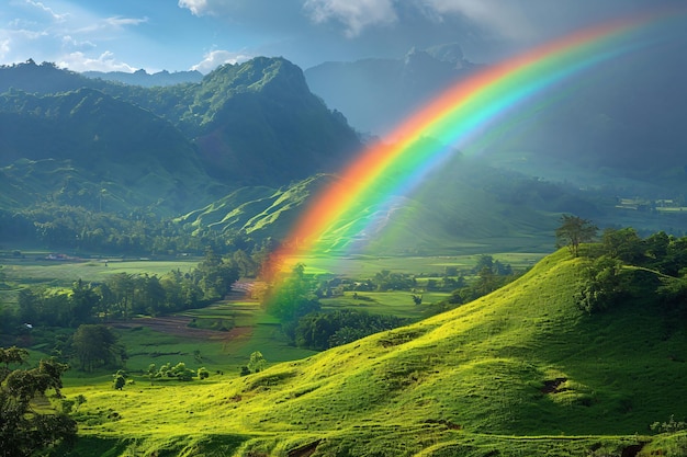 Mountain with colorful rainbow in cloudy sky over field Nature landscape after storm