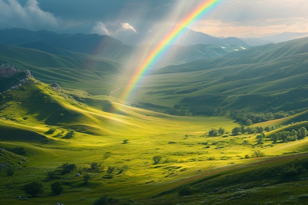 Mountain with colorful rainbow in cloudy sky over field Nature landscape after storm