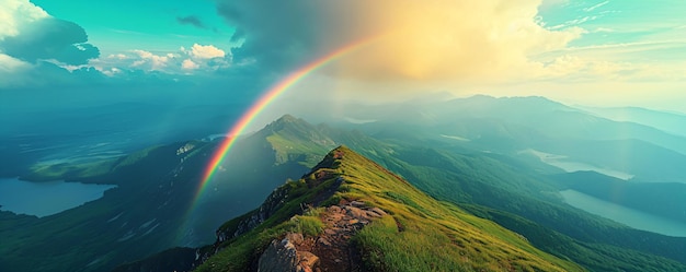 Mountain with colorful rainbow in cloudy sky over field Nature landscape after storm