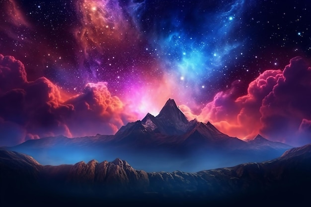 a mountain with a colorful sky and stars