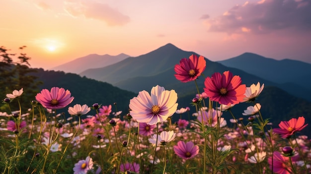 Mountain with cosmos blooming Illustration AI GenerativexA