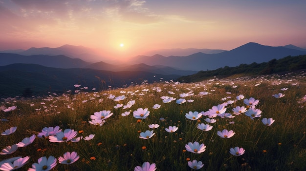 Mountain with cosmos blooming Illustration AI GenerativexA