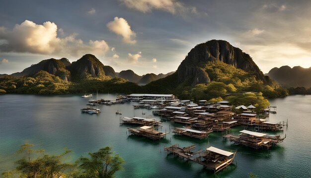 Photo a mountain with a few boats on it