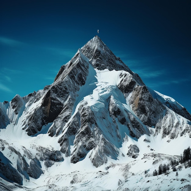 a mountain with a flag on it and a small object in the top.