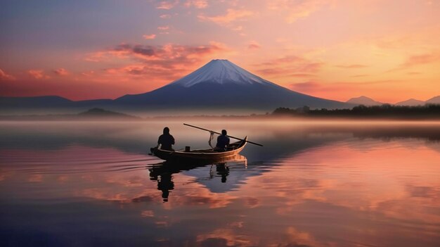 mountain with fog reflects in water