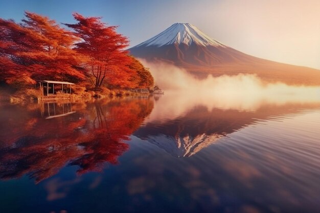 霧のある山が水に映る