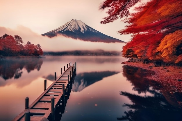 mountain with fog reflects in water