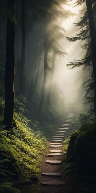 森と濃い霧のある山 細い道は草に覆われている