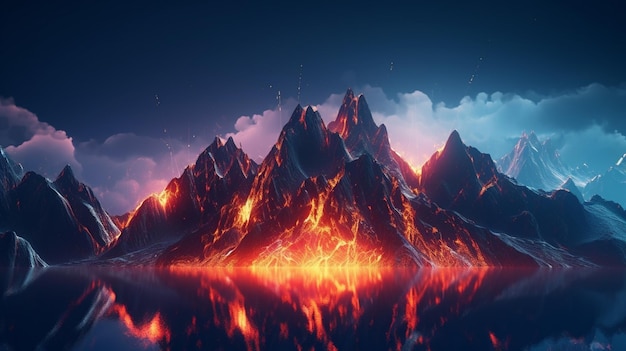 A mountain with a glowing fire on it