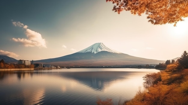 A mountain with a golden leaf in the foreground