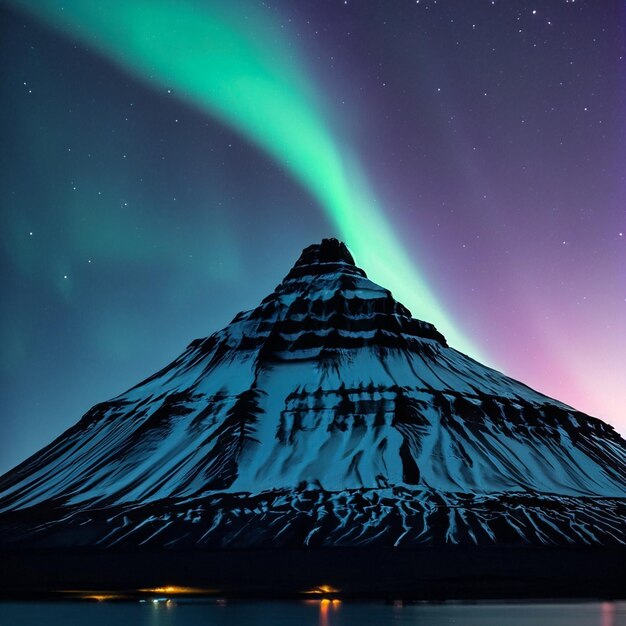 a mountain with a green aurora above it