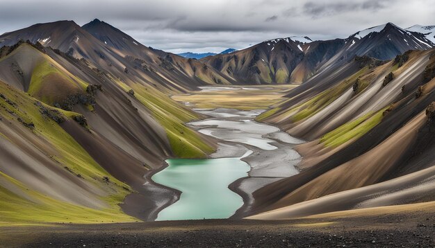 a mountain with a green lake and mountains in the background