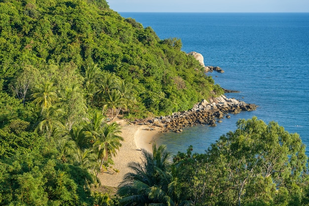 Mountain with green trees, sandy beach and blue sea