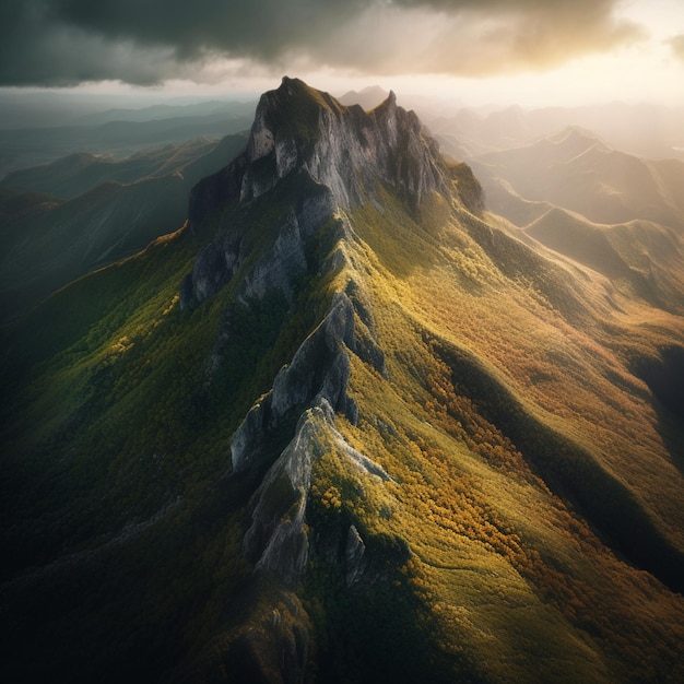 A mountain with a green and yellow leafy landscape in the foreground.