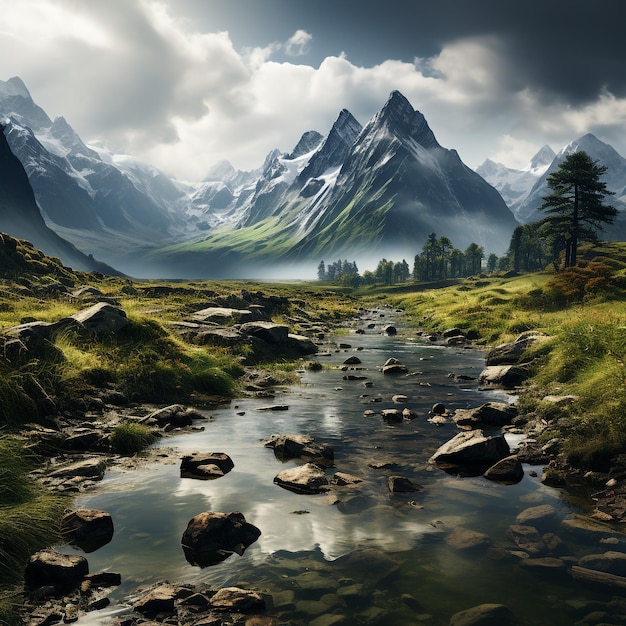 A mountain with a lake and a mountain in the background