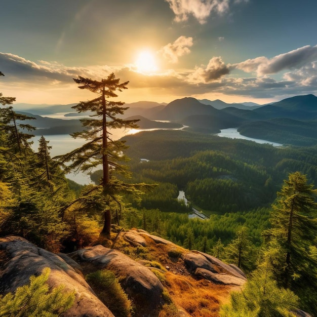 a mountain with a lake and trees on it