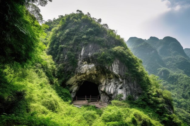 Foto montagna con grande entrata in grotta circondata da una vegetazione lussureggiante creata con l'ia generativa