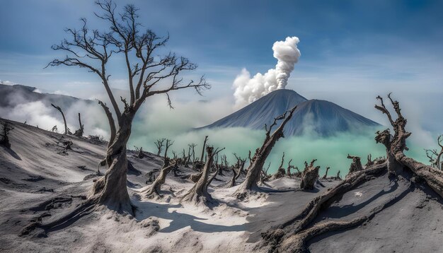 Photo a mountain with a large cloud in the sky and a tree with a mountain in the background