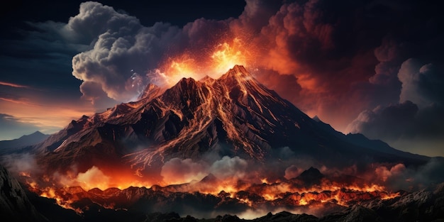 a mountain with lava and smoke