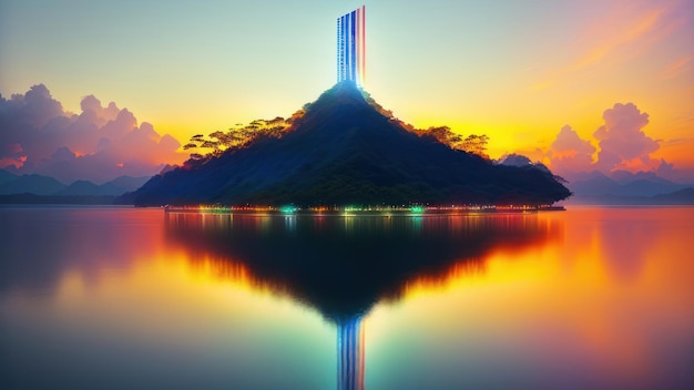 A mountain with a light on it and the sky is orange and blue.