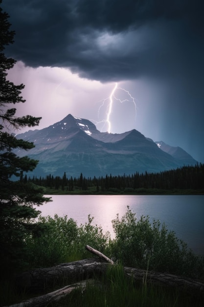 A mountain with a lightning bolt in the sky Generative AI image