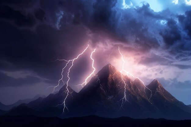 A mountain with lightning and rain in the sky