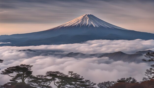 Photo a mountain with a mountain in the background and a tree in the foreground