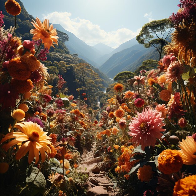 Photo a mountain with a mountain view and flowers in the background.