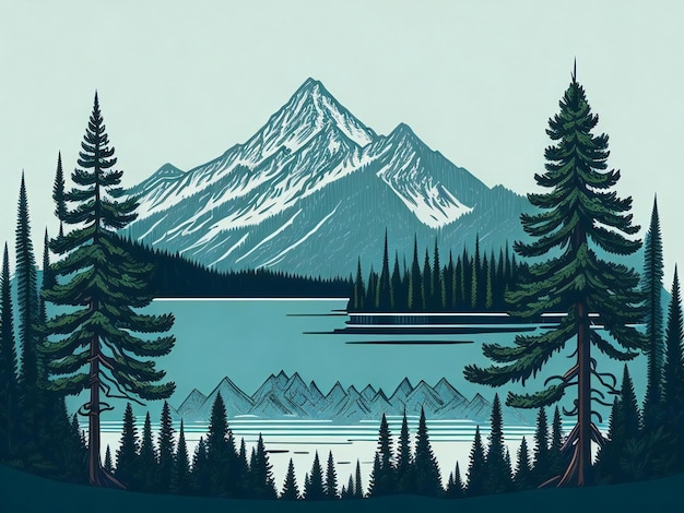 Photo mountain with pine trees and lake landscape hand drawn illustration