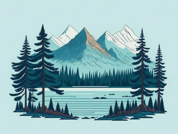 mountain with pine trees and lake landscape hand drawn illustration