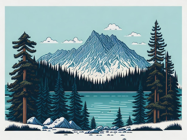 Foto montagna con i pini e l'illustrazione disegnata a mano del paesaggio del lago