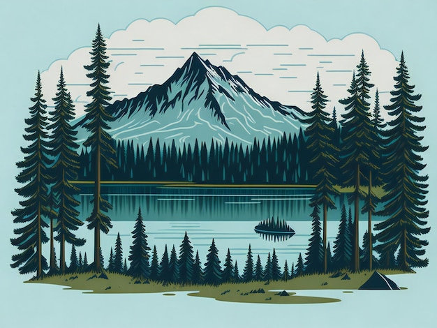 Foto montagna con i pini e l'illustrazione disegnata a mano del paesaggio del lago