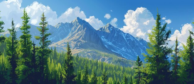 Mountain with pines forest with blue sky landscape AI generated image