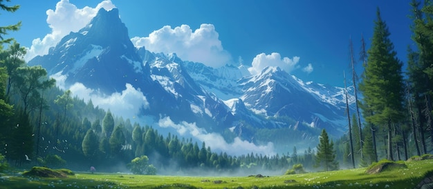 青い空の山と松の森の風景 AIが生成した画像