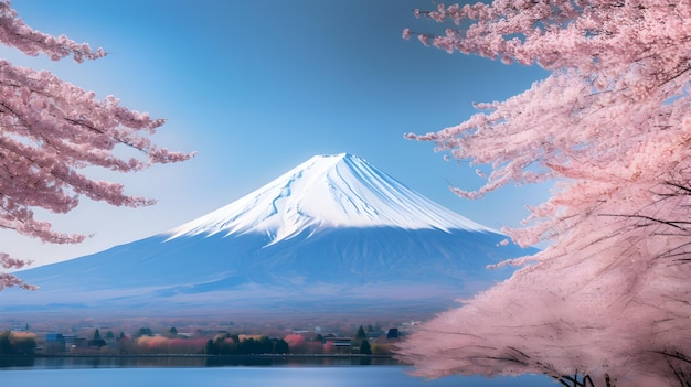 A mountain with a pink flower in the foreground