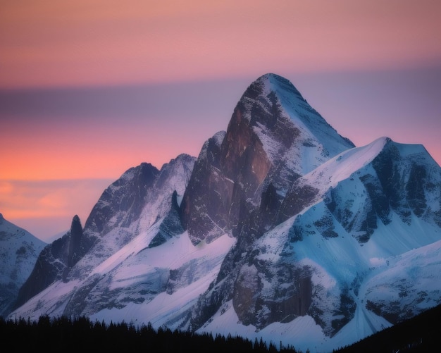 A mountain with a pink and purple sky is in the background.