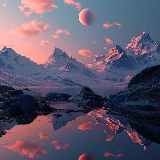 Photo a mountain with a red ball in the sky and clouds reflected in the water