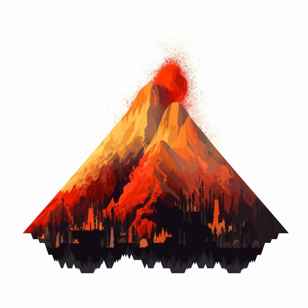 A mountain with a red fireball in the middle of it