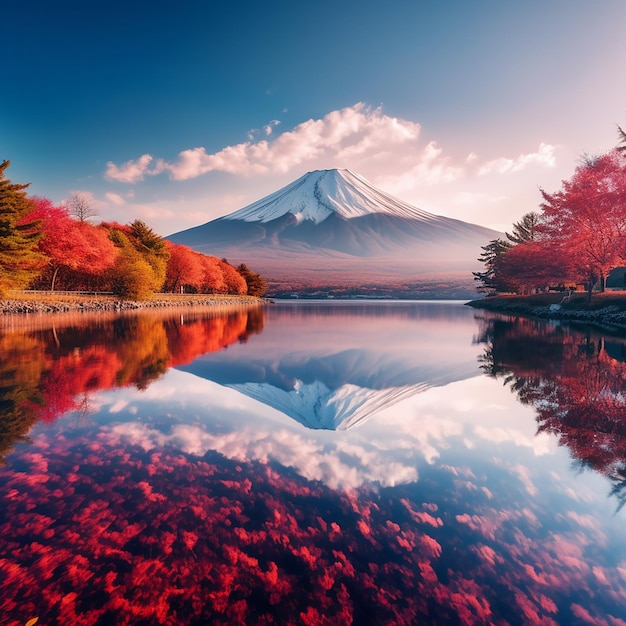 A mountain with red leaves and a blue sky is reflected in the water.