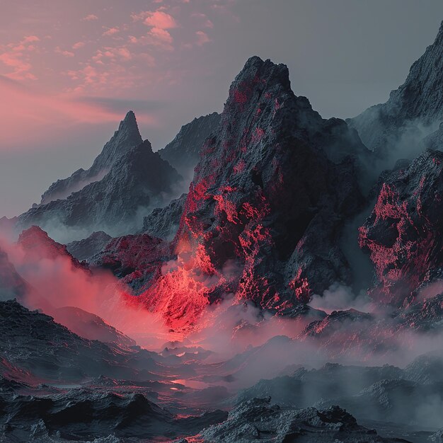 Photo a mountain with a red light on it and a pink sunset in the background