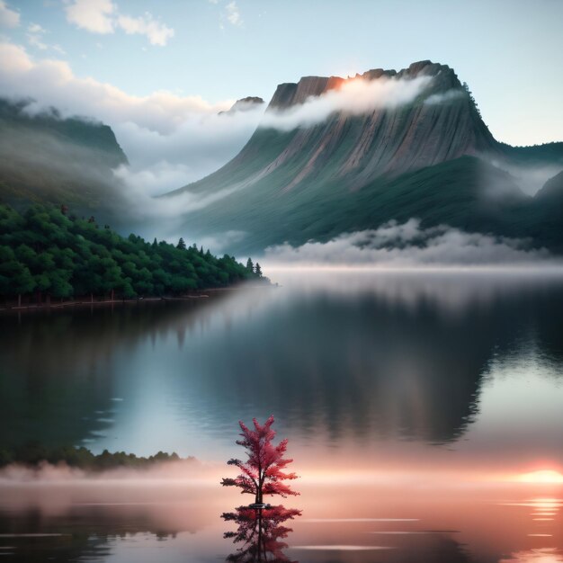 A mountain with a red plant in the water and a tree in the foreground.