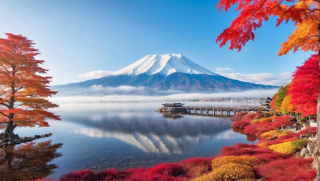 Photo a mountain with a red tree in the foreground and a bridge in the background