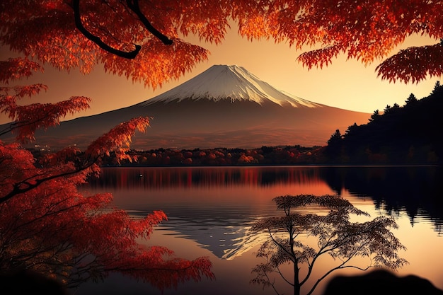 A mountain with a red tree in the foreground and a lake with a mountain in the background.