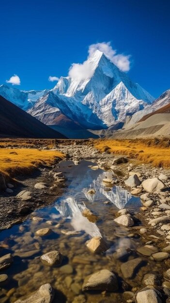 a mountain with a reflection of the sky and the snow