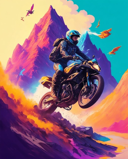 mountain with rider riding a motor bike a detailed painting by Petros Afshar