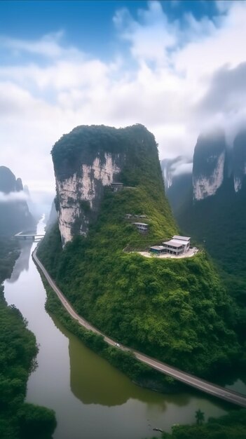 A mountain with a river in the background