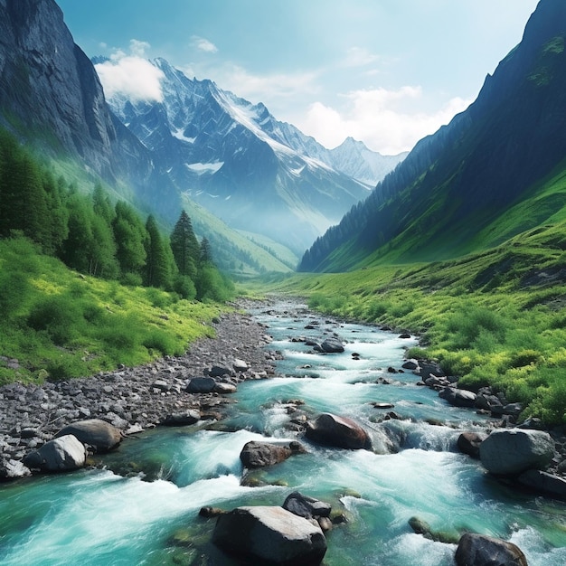 Mountain with a river flowing between mountains alpine scene