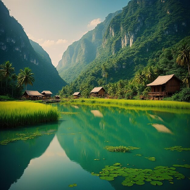 Photo a mountain with a river and houses in the background