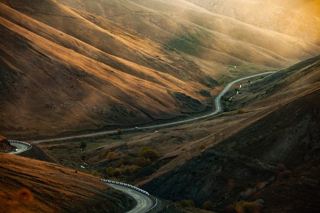 Mountain with road and forest at the sunset