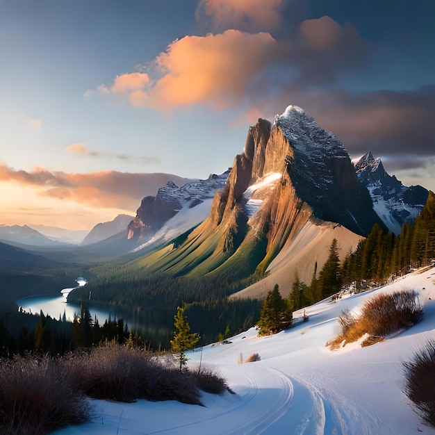 A mountain with a road running through it and a mountain in the background.